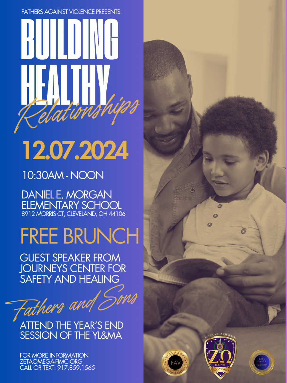 Join us for our annual brunch in collaboration with the Zeta Omega Youth Leadership Academy and Zeta Omega Fatherhood Initiative. This brunch is free and hosted by the Cleveland chapter of Fathers Against Violence. The guest speaker is Mackenzie Price from Journeys Center for Safety and Healing. Seating is limited.